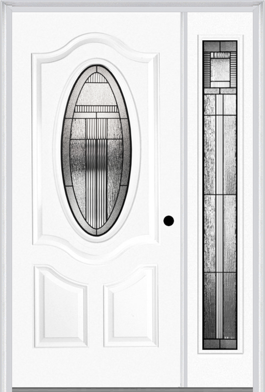 MMI SMALL OVAL 2 PANEL DELUXE 3'0" X 6'8" FIBERGLASS SMOOTH ROYAL PATINA EXTERIOR PREHUNG DOOR WITH 1 FULL LITE ROYAL PATINA DECORATIVE GLASS SIDELIGHT 749