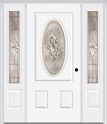 MMI SMALL OVAL 2 PANEL 6'8" FIBERGLASS SMOOTH HEIRLOOMS BRASS OR HEIRLOOMS SATIN NICKEL EXTERIOR PREHUNG DOOR WITH 2 HEIRLOOMS BRASS/SATIN NICKEL 3/4 LITE DECORATIVE GLASS SIDELIGHTS 949