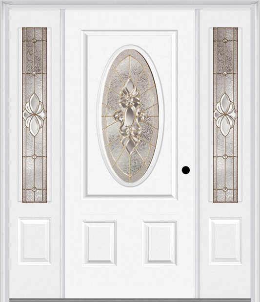 MMI SMALL OVAL 2 PANEL 6'8" FIBERGLASS SMOOTH HEIRLOOMS BRASS OR HEIRLOOMS SATIN NICKEL EXTERIOR PREHUNG DOOR WITH 2 HEIRLOOMS BRASS/SATIN NICKEL 3/4 LITE DECORATIVE GLASS SIDELIGHTS 949