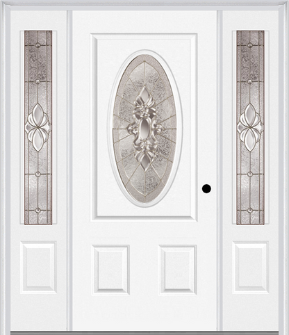 MMI SMALL OVAL 2 PANEL 6'8" FIBERGLASS SMOOTH HEIRLOOMS BRASS OR HEIRLOOMS SATIN NICKEL EXTERIOR PREHUNG DOOR WITH 2 HEIRLOOMS BRASS/SATIN NICKEL 3/4 LITE DECORATIVE GLASS SIDELIGHTS 949