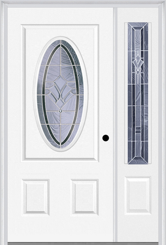 MMI SMALL OVAL 2 PANEL 3'0" X 6'8" FIBERGLASS SMOOTH RADIANT HUES NICKEL EXTERIOR PREHUNG DOOR WITH 1 RADIANT HUES NICKEL 3/4 LITE DECORATIVE GLASS SIDELIGHT 949