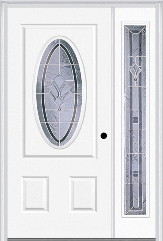MMI SMALL OVAL 2 PANEL 3'0" X 6'8" FIBERGLASS SMOOTH RADIANT HUES NICKEL EXTERIOR PREHUNG DOOR WITH 1 FULL LITE RADIANT HUES NICKEL DECORATIVE GLASS SIDELIGHT 949
