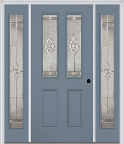 MMI 2-1/2 LITE 2 PANEL 6'8" FIBERGLASS SMOOTH NOUVEAU BRASS, NOUVEAU NICKEL, OR NOUVEAU PATINA EXTERIOR PREHUNG DOOR WITH 2 FULL LITE NOUVEAU BRASS/NICKEL/PATINA DECORATIVE GLASS SIDELIGHTS 692